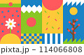 Bright summer banner seamless pattern. Abstract summer or spring illustration in bright warm coral red, green, blue and yellow colors with tree and flower 114066808