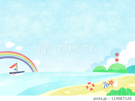 のんびりした夏の海の風景 虹のかかるビーチの水彩背景イラスト 114067126