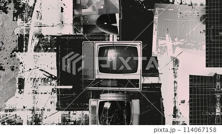 Cool grungy y2k collage with plant eyes and butterflies, glued letters and ribbons with a negative photocopy in black. Ai generative. 114067158