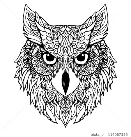 Mandala Coloring Page for Adults. Owl Head Zen Spiritual Relax Colouring Book Template. 114067326