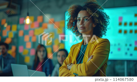Confident Businesswoman Leading a Team Meeting in a Modern Office Space 114067580