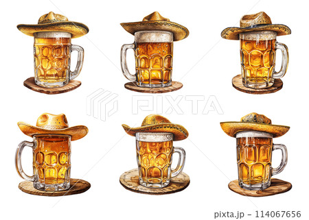 Mugs of Mexican Ale with Sombrero Hats 114067656