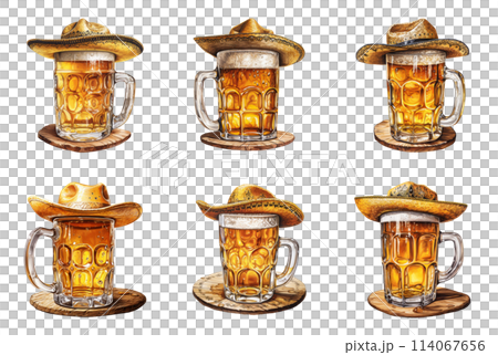 Mugs of Mexican Ale with Sombrero Hats 114067656