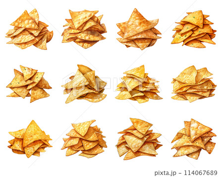 Stack of Golden Triangular Tortilla Chips, Ready for Your Flavorful Dips 114067689
