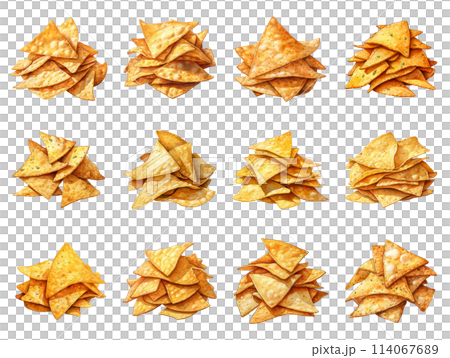 Stack of Golden Triangular Tortilla Chips, Ready for Your Flavorful Dips 114067689