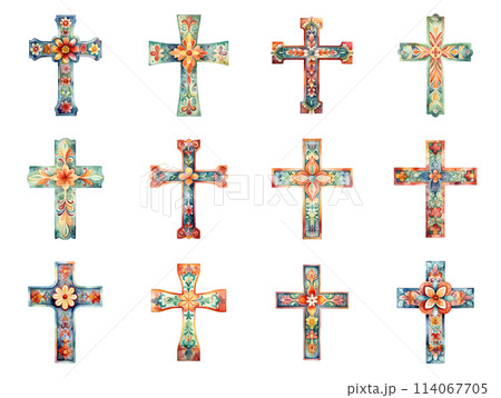 Colorful Flowers Adorning Crosses, Offering a Beautiful Memorial Decoration 114067705
