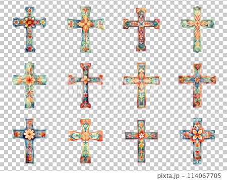 Colorful Flowers Adorning Crosses, Offering a Beautiful Memorial Decoration 114067705