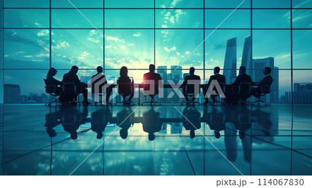 Silhouetted Business Professionals in a Meeting Overlooking City Skyline at Dusk 114067830