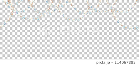 Jewelry threads or strings horizontal watercolor seamless border pattern. Crystals and glass beads isolated on white background. Can be used for fabric, textile, packaging prints, wallpaper design. 114067885