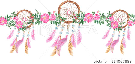 Dream catchers horizontal watercolor seamless border pattern. Hand drawn realistic illustration. Can be used for fabric, textile, packaging prints, wallpaper design. Bohemian decoration with beads Dream catchers horizontal watercolor seamless border pattern. Hand drawn realistic illustration. Can be used for fabric, textile, packaging prints, wallpaper design. Bohemian decoration with beads 114067888