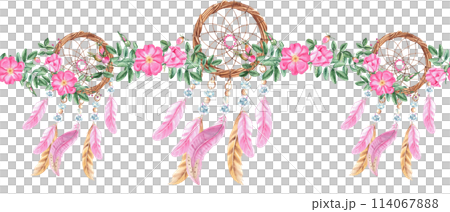 Dream catchers horizontal watercolor seamless border pattern. Hand drawn realistic illustration. Can be used for fabric, textile, packaging prints, wallpaper design. Bohemian decoration with beads Dream catchers horizontal watercolor seamless border pattern. Hand drawn realistic illustration. Can be used for fabric, textile, packaging prints, wallpaper design. Bohemian decoration with beads 114067888