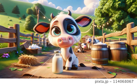 Cartoon Cow Sitting Next to Bottle of Milk. Generative AI Cartoon Cow Sitting Next to Bottle of Milk. Generative AI 114068067
