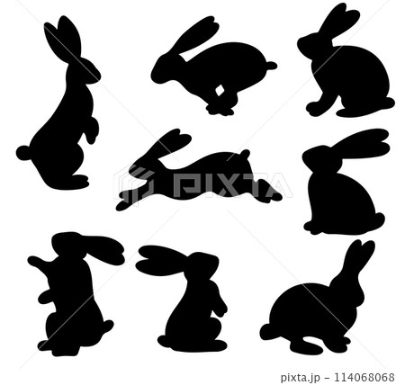 Silhouettes of Easter bunnies. Easter bunny rabbits in different poses. Vector illustration EPS10 Silhouettes of Easter bunnies. Easter bunny rabbits in different poses. Vector illustration EPS10 114068068