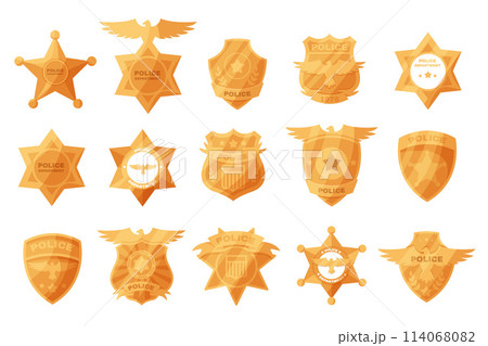Police gold Badges. Police labels. Policeman law enforcement badges. Sheriff, marshal and ranger logo, police star medallions. Sheriff Badges. 114068082