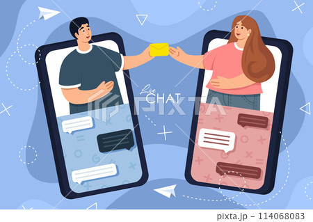 People chatting online together. Virtual meeting, remote conversation in smartphone messenger app concept. Two young people chat and start Love Relationship on Dating App 114068083