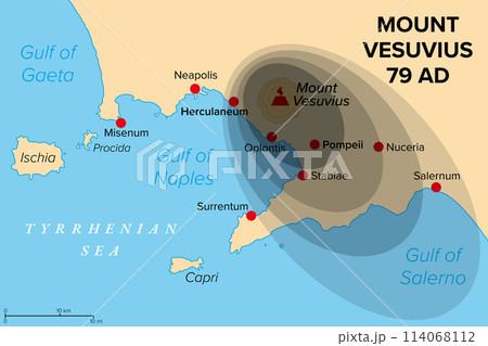 Eruption of Mount Vesuvius in 79 AD, history map. General distribution of ash and pumice. Major stratovolcano in southern Italy buried and destroyed the Roman towns Pompeii, Herculaneum, and others. 114068112