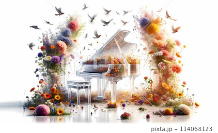 Piano Surrounded by Flowers and Birds. Generative AI Piano Surrounded by Flowers and Birds. Generative AI 114068123