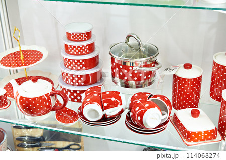 Red with white dots dishes in store Red with white dots dishes in store 114068274