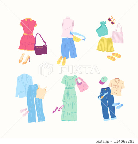 Cartoon Clothes Female Different Style Summer Combo Set Concept Flat Design Style Isolated on a White Background. Vector illustration Cartoon Clothes Female Different Style Summer Combo Set Concept Flat Design Style Isolated on a White Background. Vector illustration 114068283