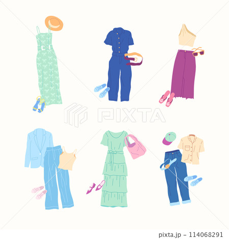 Cartoon Clothes Female Casual Summer Travel Combo Set Concept Flat Design Style Isolated on a White Background. Vector illustration 114068291