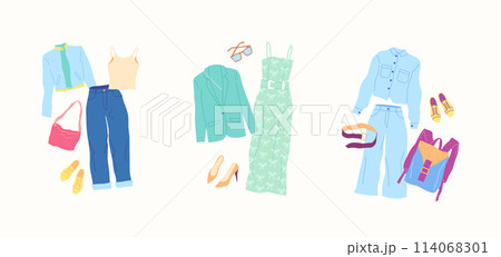 Cartoon Clothes Female Blue and Green Combo Set Concept Flat Design Style Isolated on a White Background. Vector illustration Cartoon Clothes Female Blue and Green Combo Set Concept Flat Design Style Isolated on a White Background. Vector illustration 114068301