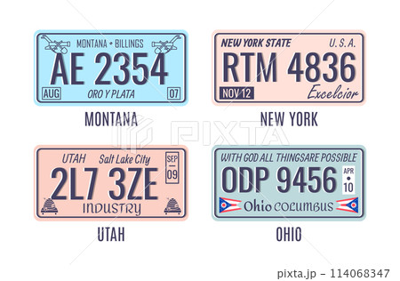 Cartoon Color Car Numbers of Vehicle Registration Icona Concept Flat Design Style. Vector illustration of Montana, New York, Utah and Ohio 114068347