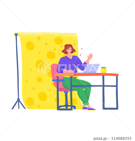 Cartoon Character Girl and Empty Template Yellow Paper Background Inside Interior Concept Flat Design Style . Vector illustration 114068355