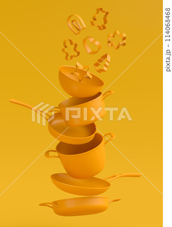 Set of flying stewpot, frying pan and plated cookware on monochrome background 114068468