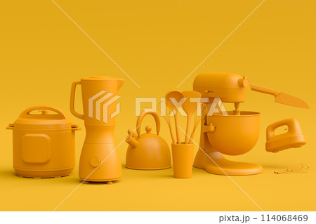 Electric kitchen appliances and utensils for making culinary on monochrome 114068469