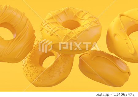 Chocolate glazed donut with sprinkles on plain monochrome yellow color 114068475