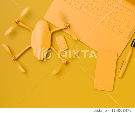 Top view of designer workspace and photography gear on monochrome table 114068476
