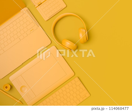 Top view of designer workspace and photography gear on monochrome table 114068477