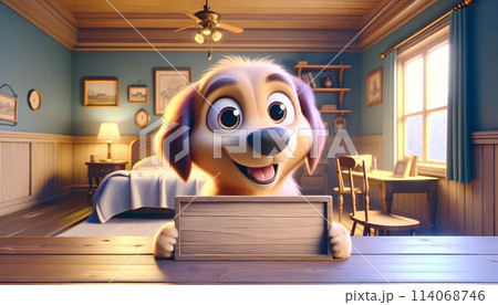 Cartoon Dog Using Laptop at Table. Generative AI 114068746