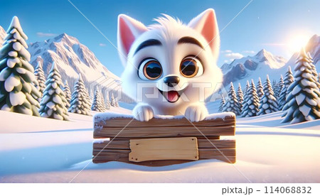 White Dog Standing on Top of Wooden Sign. Generative AI 114068832