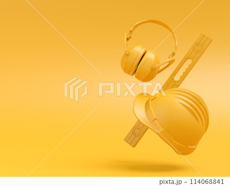 Flying view of monochrome construction tools for repair on multicolor background Flying view of monochrome construction tools for repair on multicolor background 114068841