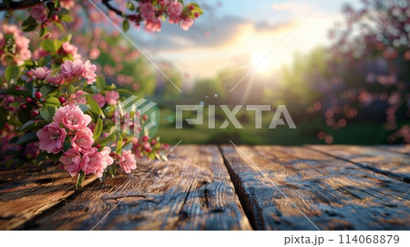 Wooden Table Covered With Abundant Flowers Wooden Table Covered With Abundant Flowers 114068879
