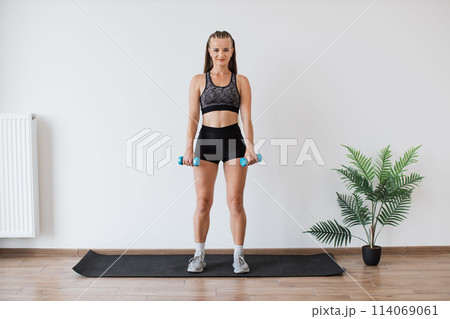 Fit young woman exercising with dumbbells in a bright room 114069061