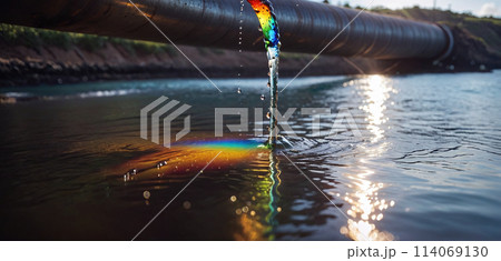 Conceptual illustration of a toxic liquid being discharged directly into the sea from an industrial plant or leaking from a faulty pipeline - ai generated 114069130