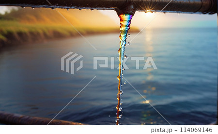 Conceptual illustration of a toxic liquid being discharged directly into the sea from an industrial plant or leaking from a faulty pipeline - ai generated Conceptual illustration of a toxic liquid being discharged directly into the sea from an industrial plant or leaking from a faulty pipeline - ai generated 114069146