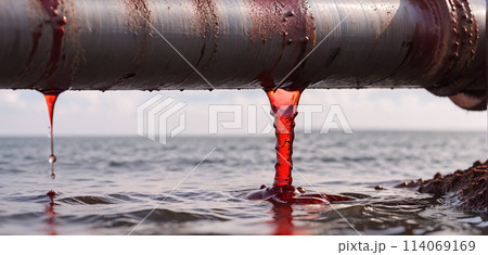 Conceptual illustration of a toxic liquid being discharged directly into the sea from an industrial plant or leaking from a faulty pipeline - ai generated 114069169