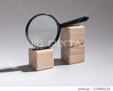Business analysis, economic review using magnifying glass. Financial data inspection, market trend 114069210