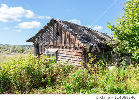 Abandoned destroyed rural wooden house in russian village in summer sunny day 114069240
