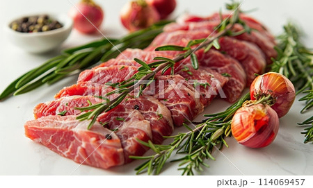 Plate With Slices of Meat and Herbs Plate With Slices of Meat and Herbs 114069457