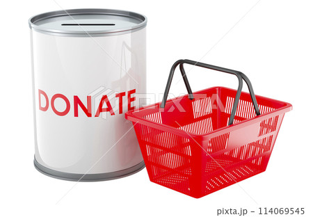Donation can with shopping basket, 3D rendering Donation can with shopping basket, 3D rendering 114069545