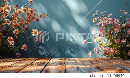 Wooden Table Covered With Abundant Flowers 114069564