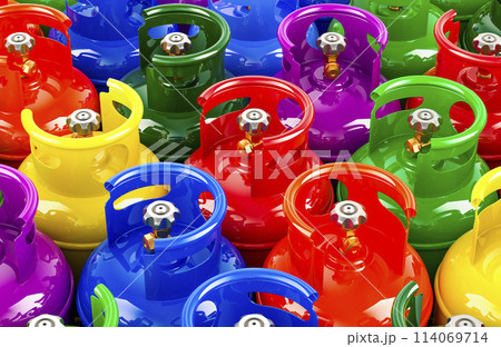 Background from colored gas cylinders with compressed gas, top view. 3D rendering 114069714