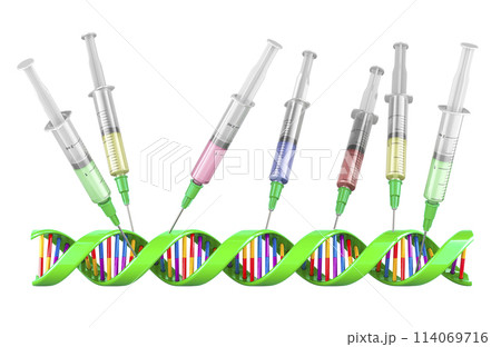 DNA spiral with Syringes. Biotechnology research, concept. 3D rendering 114069716