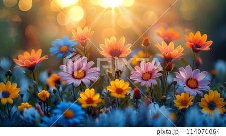 Vivid cosmos flowers in shades of orange and pink dance under the sunlight with a whimsical bokeh backdrop. 114070064
