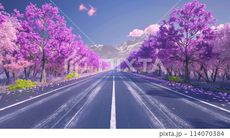 Highway with Blossoming Purple Trees and Mountain View 114070384