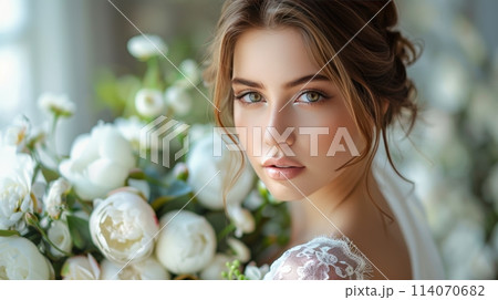 Bride Holding a Bouquet of White Flowers Bride Holding a Bouquet of White Flowers 114070682